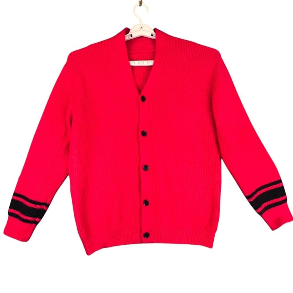 Mens Medium Cardigan Red Sweater Grandpa Core Black Stripe Knit Casual Classic